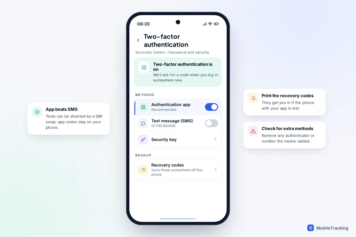 Two-factor authentication settings in Accounts Centre with authentication app selected and recovery codes ready to save