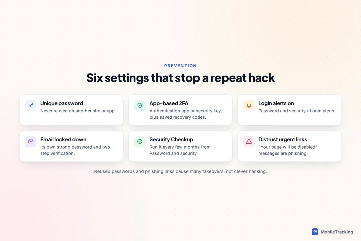 Checklist for preventing another Facebook hack: unique password, two-factor authentication, login alerts, secured email, Security Checkup and phishing awareness