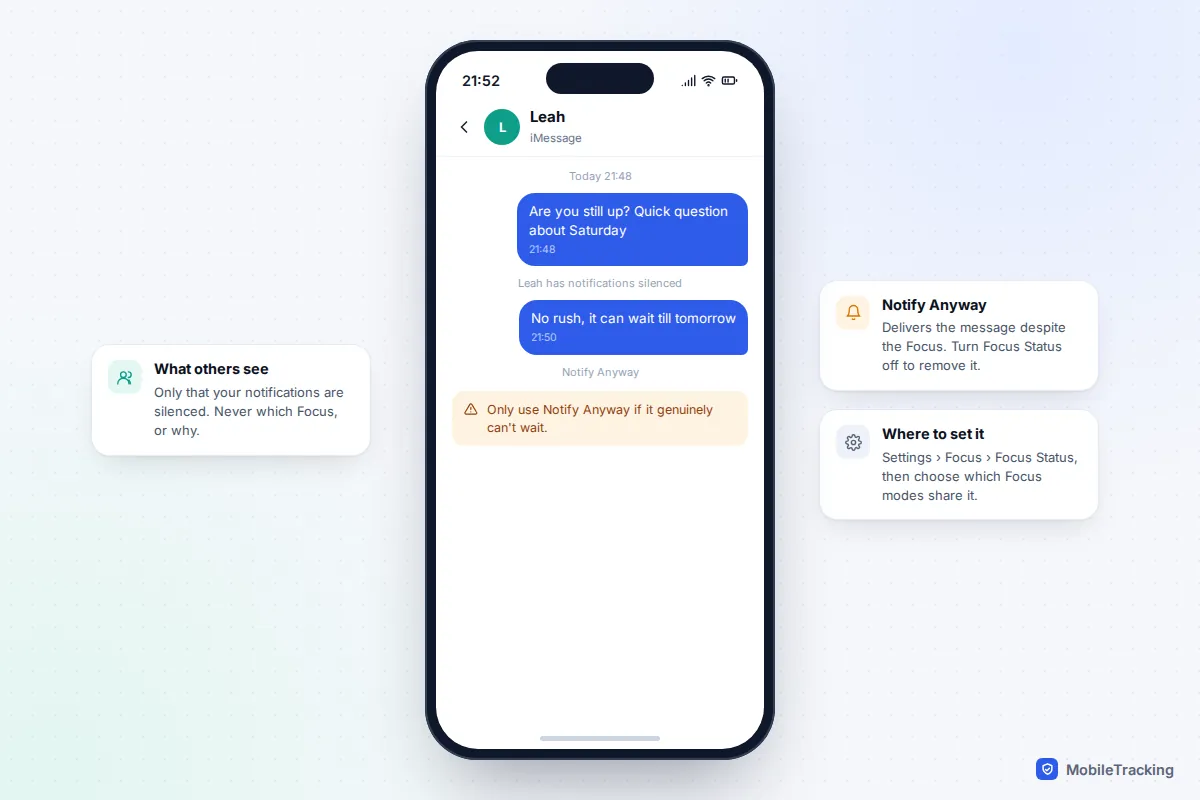 iPhone Messages conversation showing a notice that the recipient has notifications silenced with a Notify Anyway option