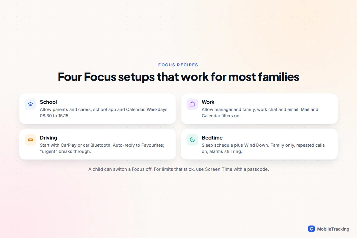 Four Focus recipes for school, work, driving and bedtime showing who to allow, which apps and when each one starts
