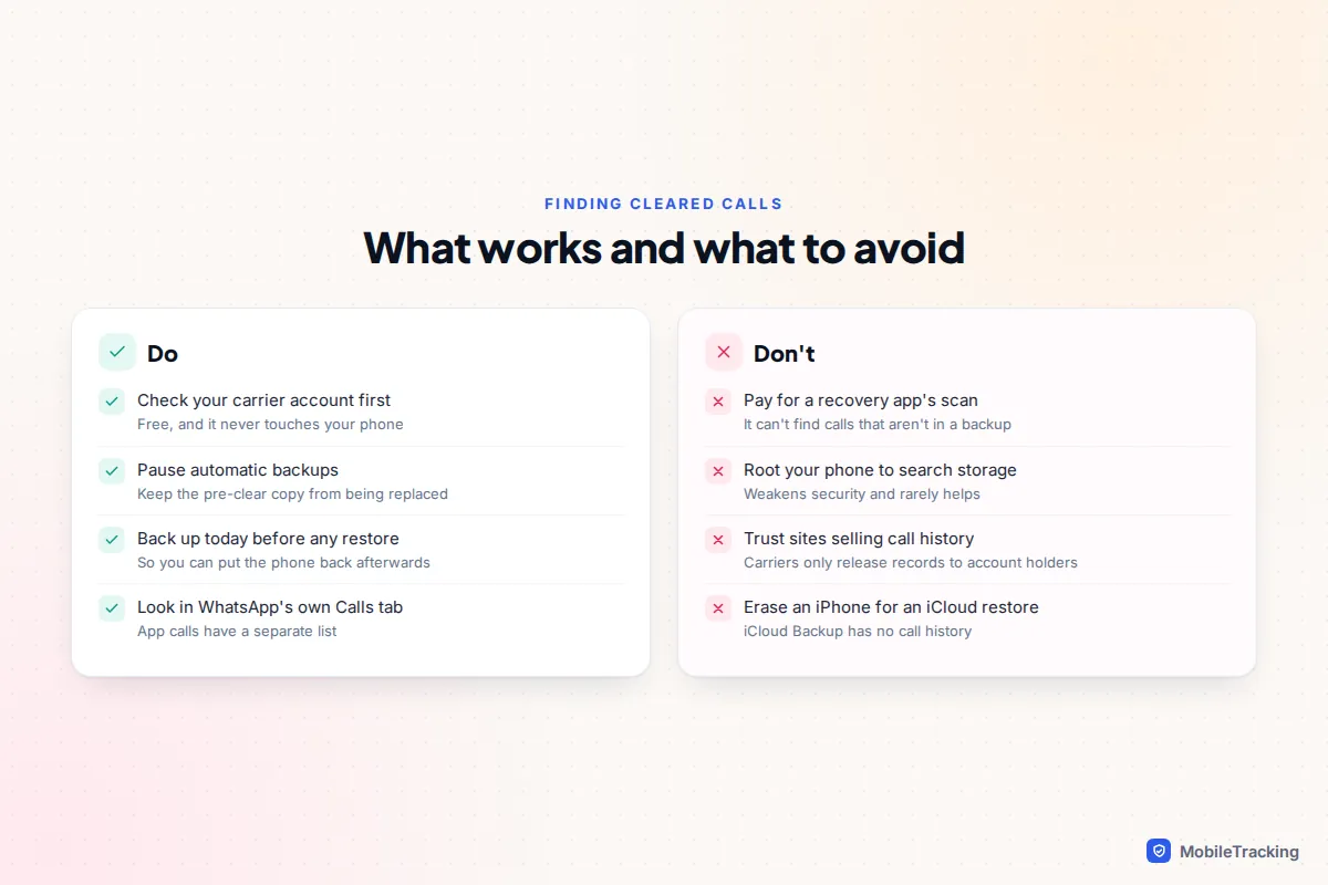 Do and don't list for finding cleared calls: check carrier records and backups, avoid paid recovery apps, rooting and websites selling anyone's call history