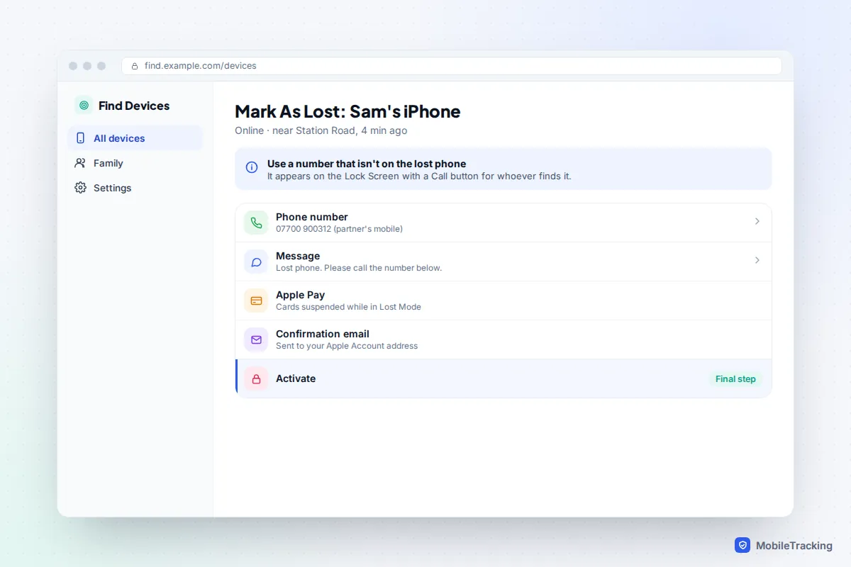 Browser mockup of the Mark As Lost screen with a contact number, lock screen message, Apple Pay suspended and an Activate step