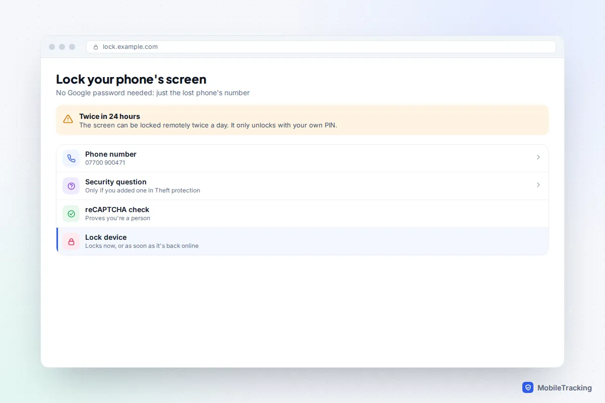 Browser mockup of a Remote Lock page asking for the lost phone's number, an optional security question and a reCAPTCHA check
