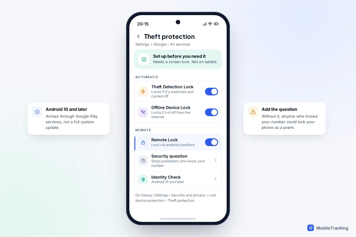 Android Theft protection settings with Theft Detection Lock, Offline Device Lock and Remote Lock switched on and a security question option