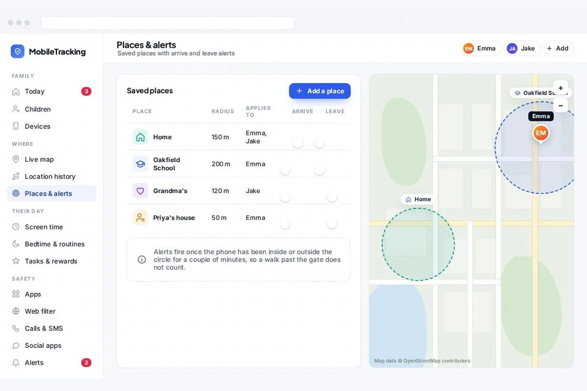 Family dashboard showing saved places such as home and school with arrival and departure alerts
