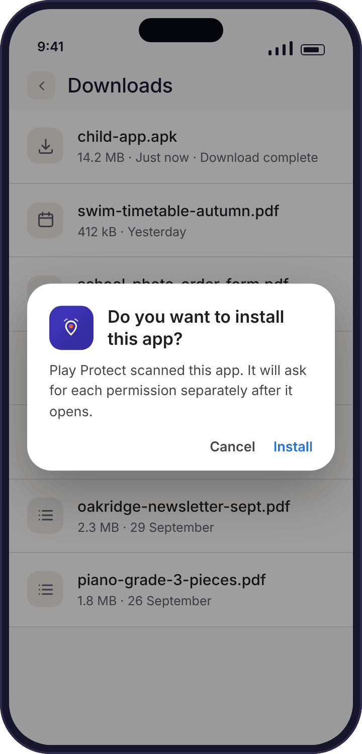 The Android install prompt asking whether to install this app, showing the app icon with Cancel and Install buttons.