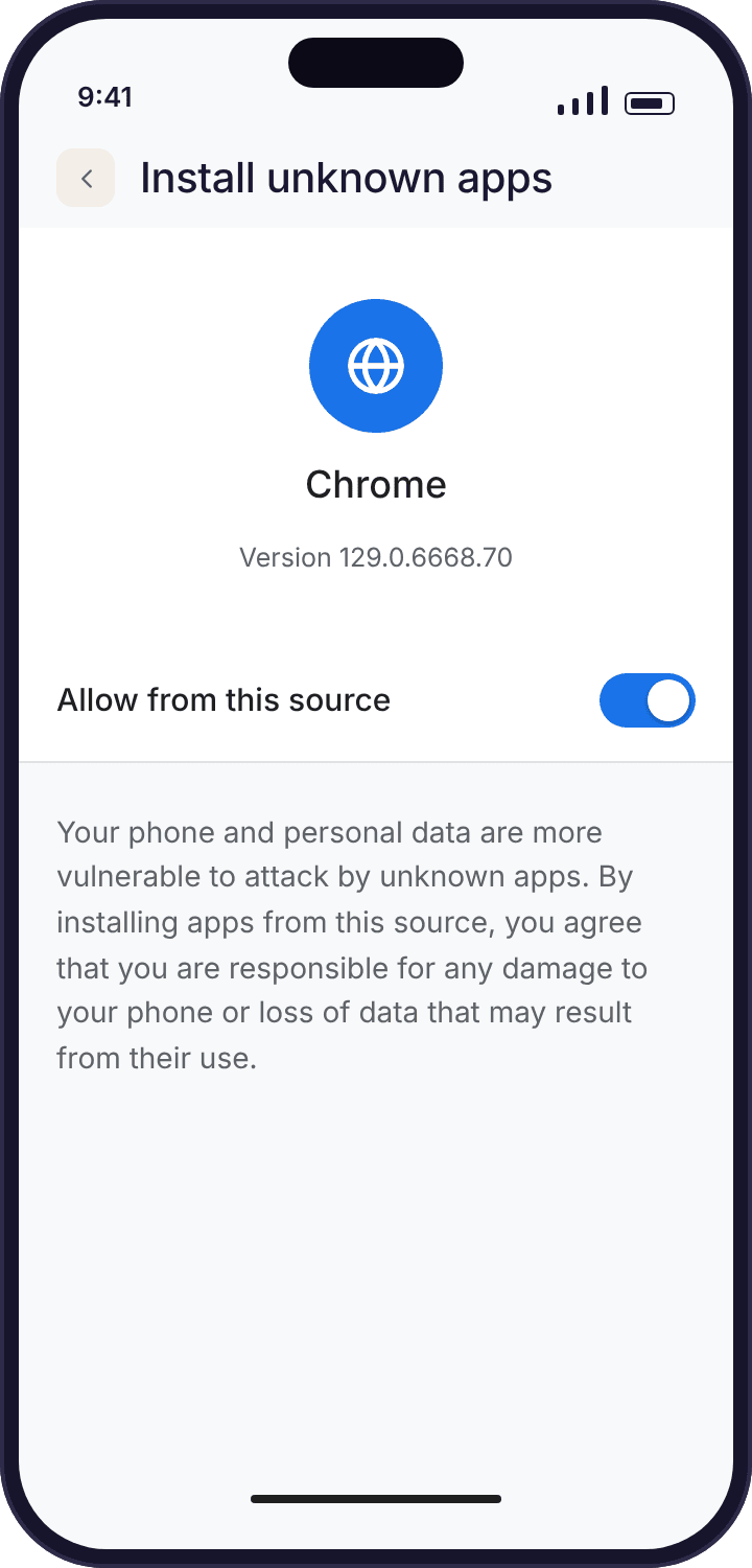 The Android Install unknown apps settings screen for Chrome with the Allow from this source toggle.
