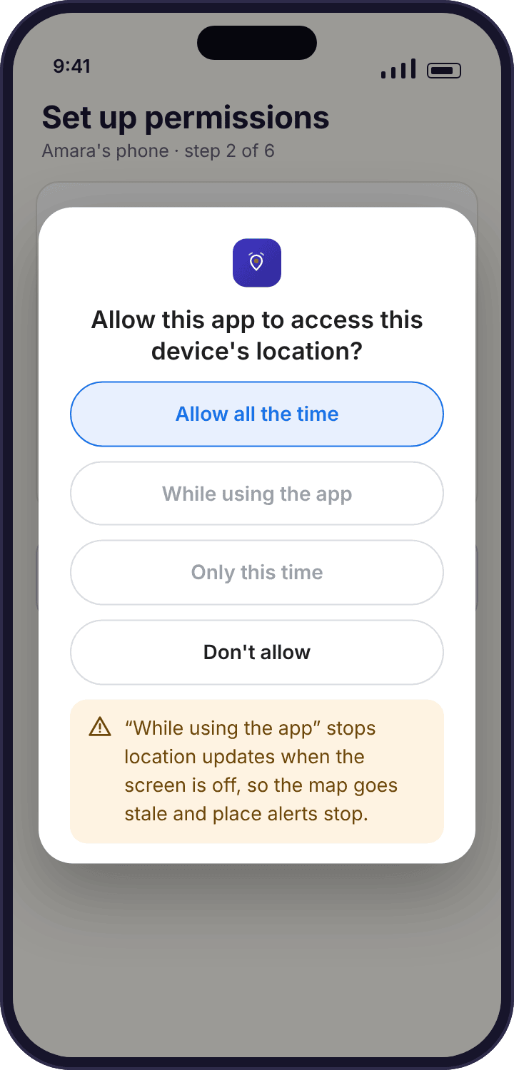 Android's location permission dialog with "Allow all the time" highlighted and "While using the app" greyed out beside a warning.