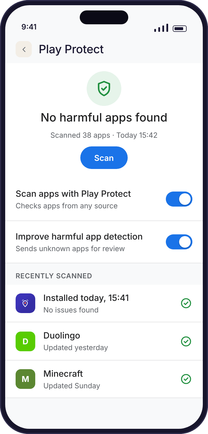 The Play Protect scan result screen reading no harmful apps found with a green tick.