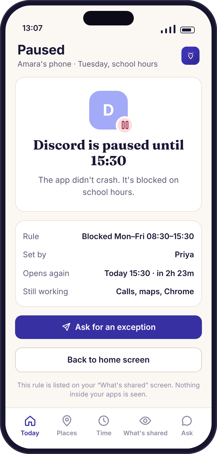 The block screen on Amara’s phone saying Discord is paused until 15:30, that the rule was set by Priya, with an Ask for an exception button