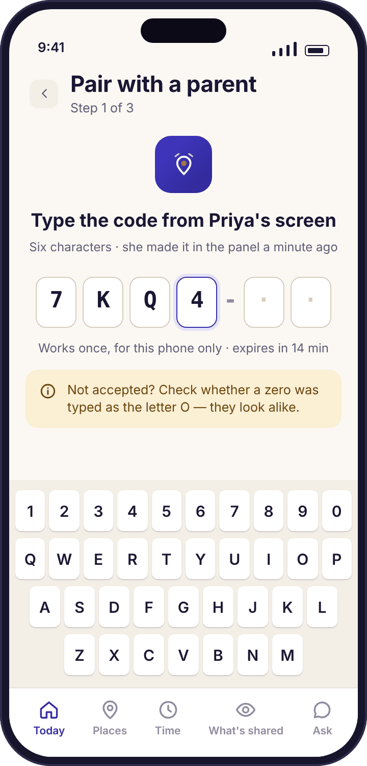The child app’s first screen: six empty boxes waiting for a pairing code
