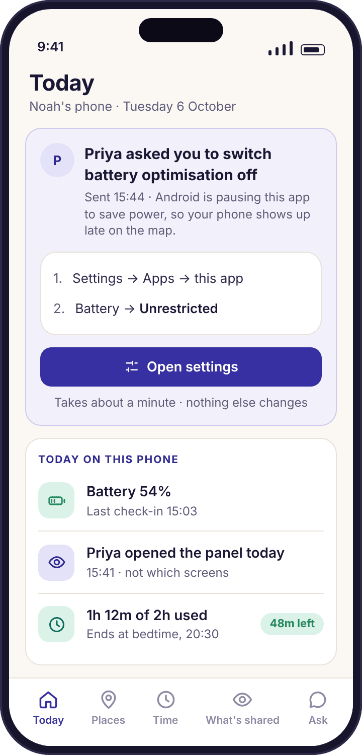 The child app showing a card that reads Priya asked you to switch battery optimisation off, with an Open settings button