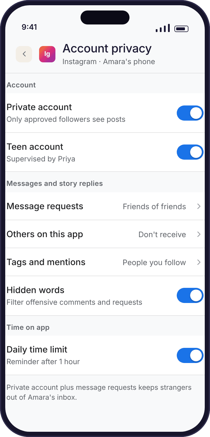 Instagram's account settings on the child's phone with private account, message request and teen supervision options visible