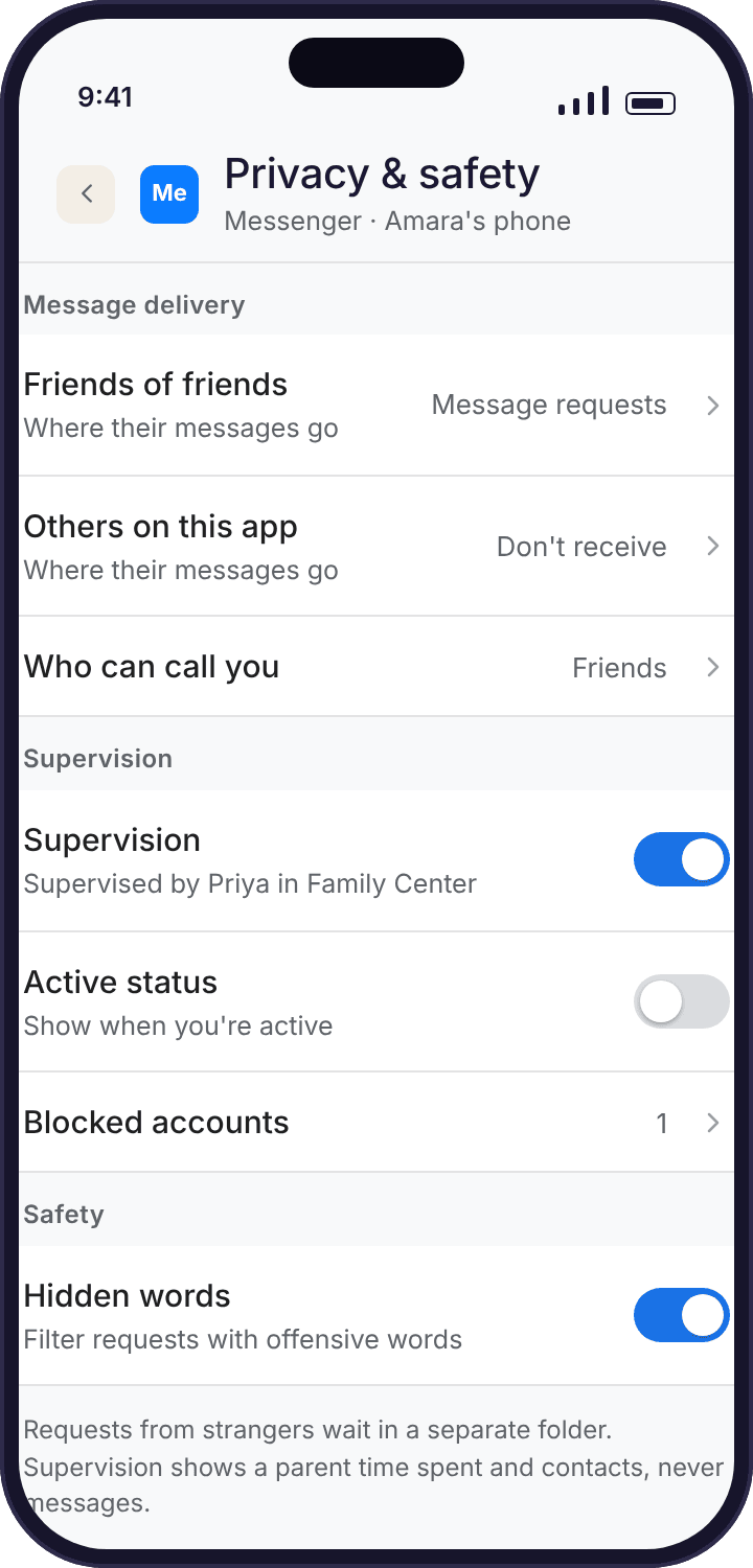 A generic Messenger settings screen on the child’s phone showing message request options and a supervision entry, drawn without logos.