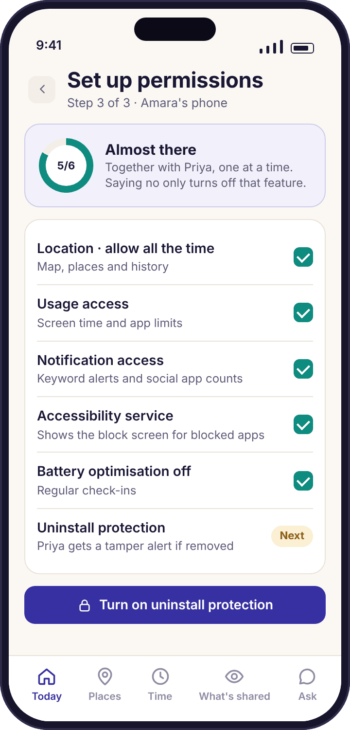 The setup checklist on the child’s phone with five permissions ticked and one still pending
