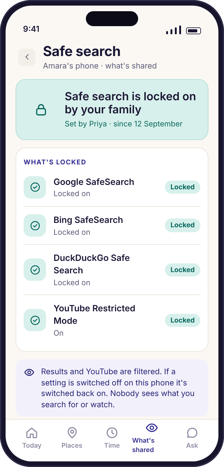 The child app transparency note telling Amara that safe search is locked on by her family and listing the engines