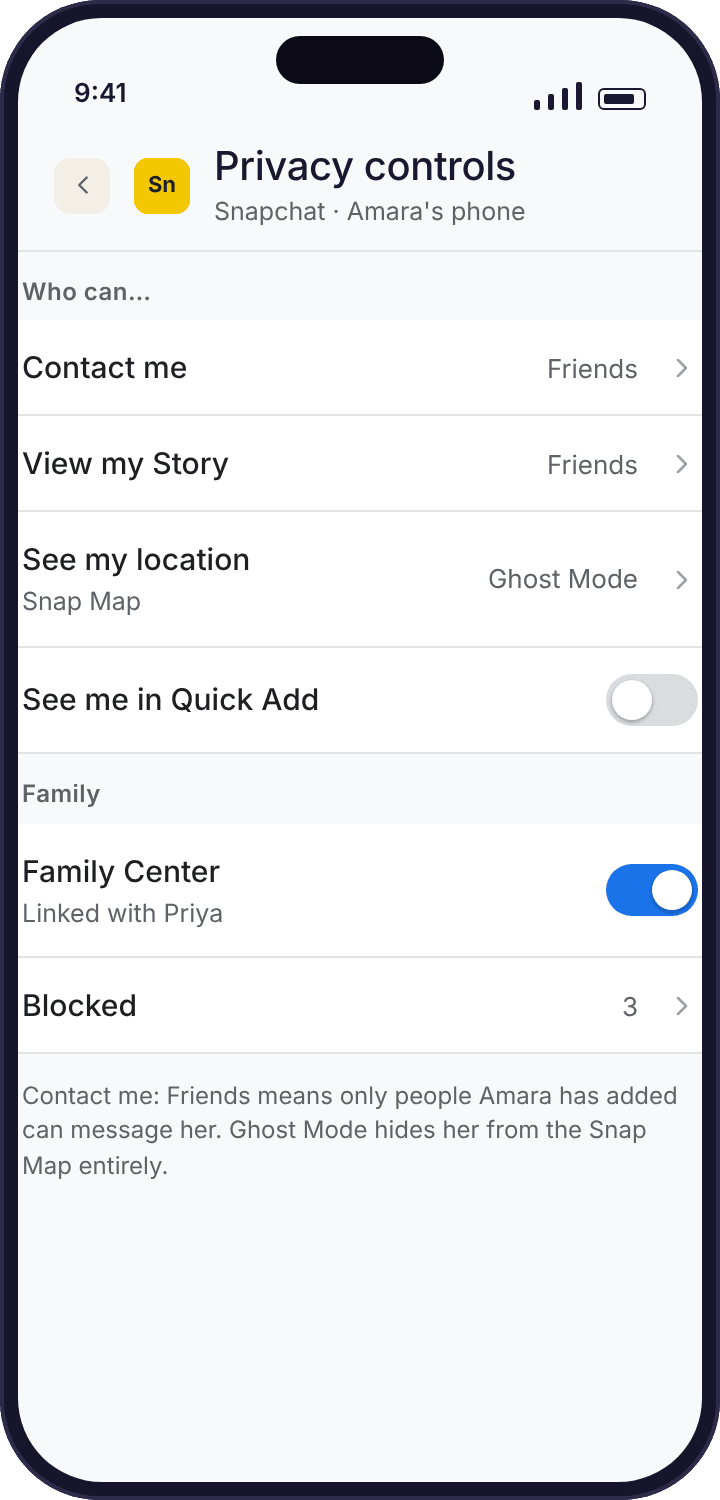 A generic Snapchat privacy settings screen on the child’s phone with Contact me set to Friends, Snap Map set to Ghost Mode and a Family Center entry, drawn without logos.