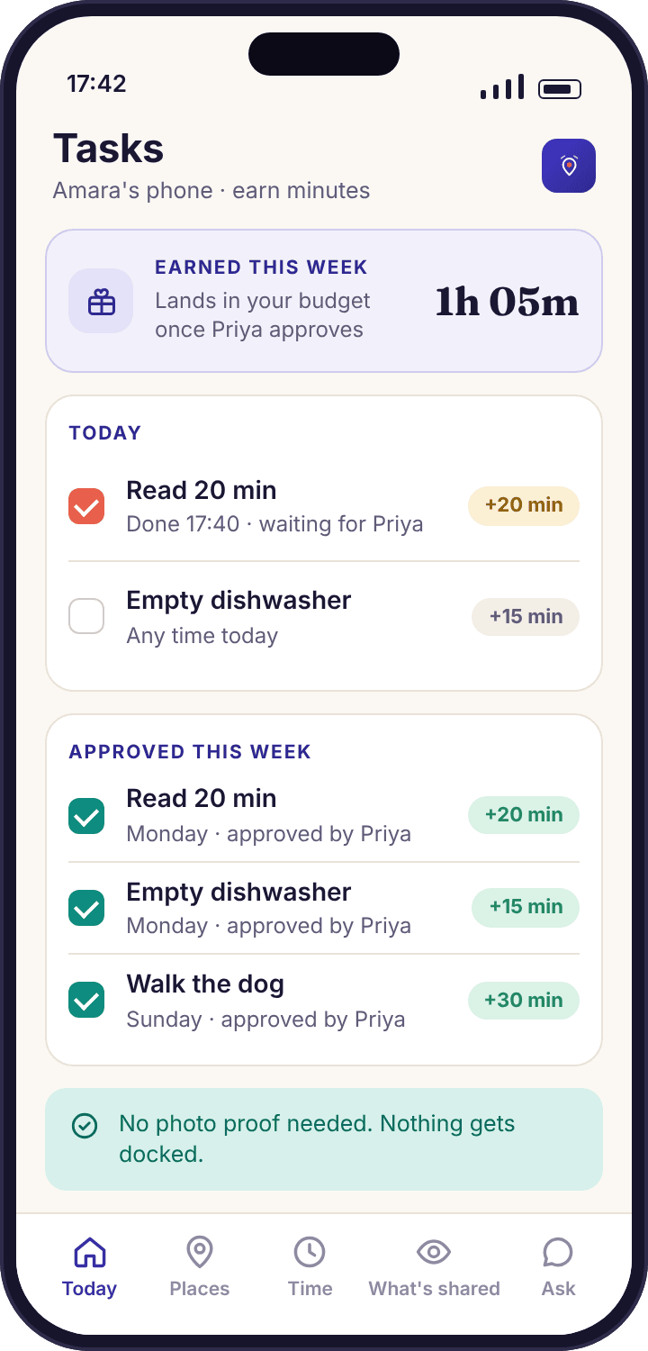 The child app’s task list with Empty dishwasher and Read 20 min, one marked done and waiting for approval