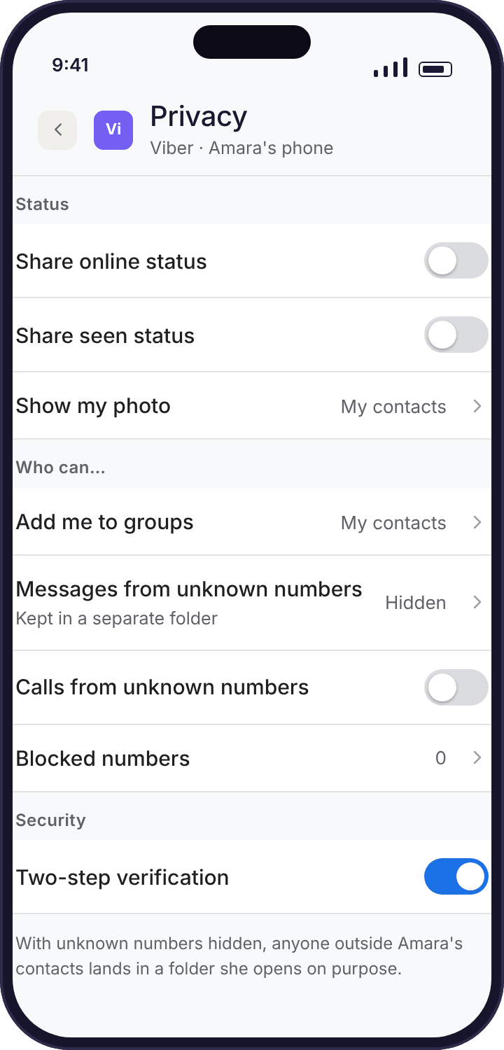 Viber's privacy settings screen on the child's phone with online status, group invitations and message request options visible