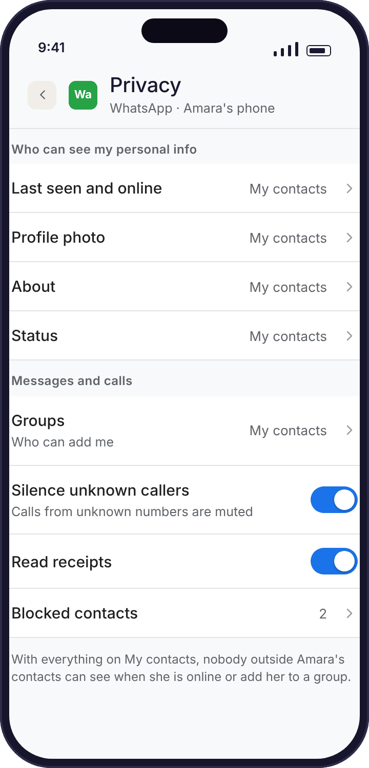 A generic WhatsApp privacy settings screen on the child’s phone with Last seen, Profile photo and Groups each set to My contacts.