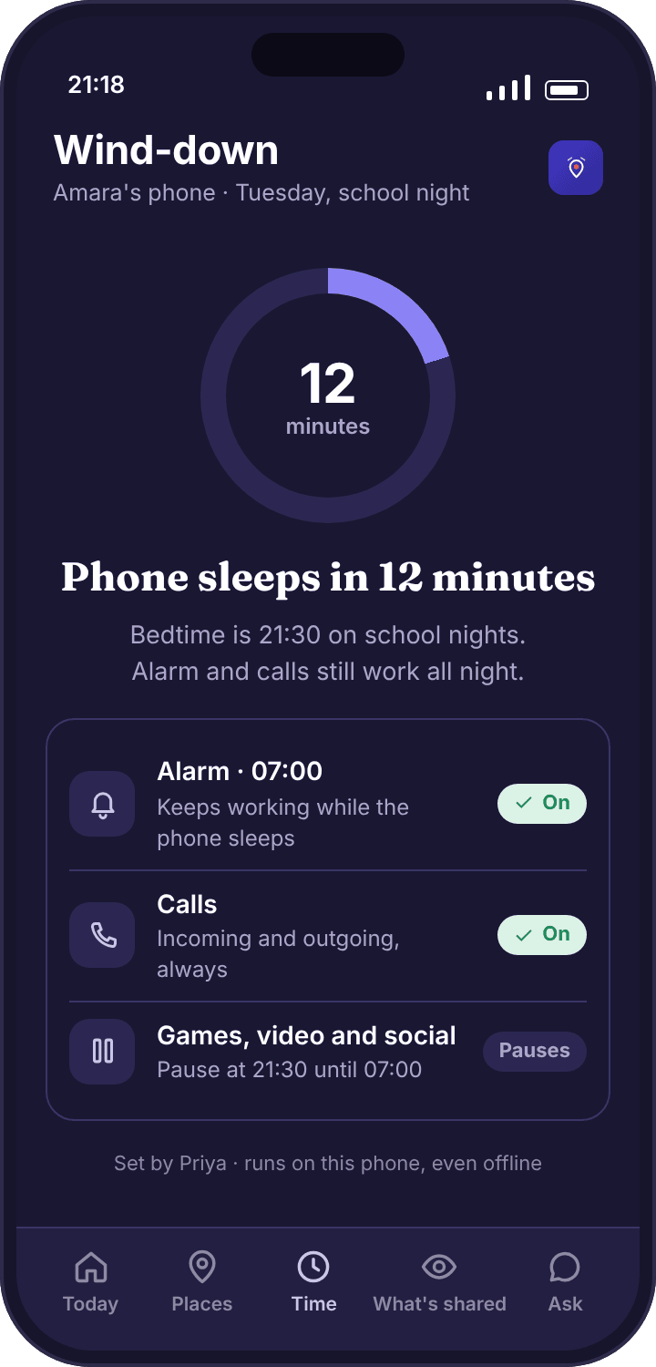 The child app’s wind-down banner reading Phone sleeps in 12 minutes, alarm and calls still work