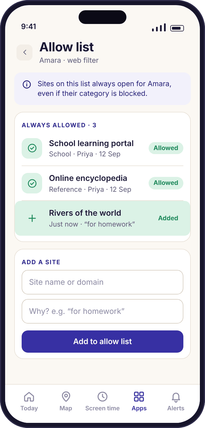 The allow list for Amara with one site added and the note for homework beside it