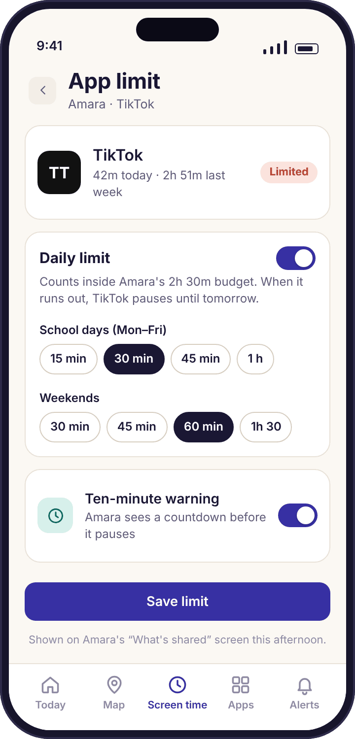 The per-app limit editor in the parent app with TikTok set to 30 minutes on school days and 60 minutes at weekends