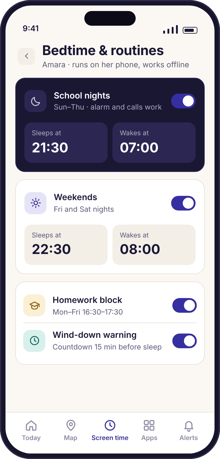 Bedtime schedule with school nights 21:30 to 07:00, weekends 22:30 to 08:00 and a homework block
