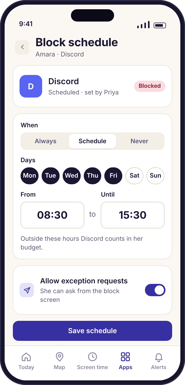 The schedule editor for a block with Monday to Friday selected and the hours 08:30 to 15:30