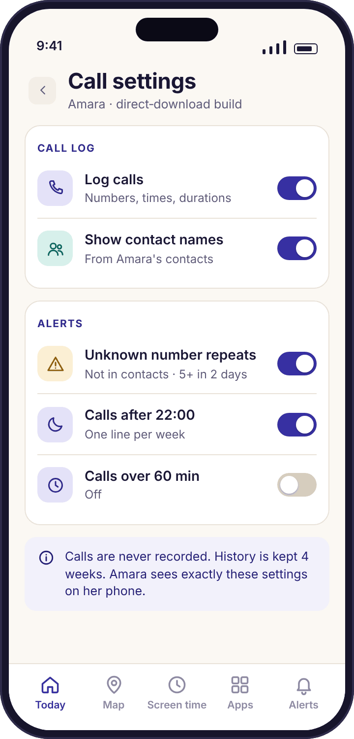 The call monitoring settings screen for Amara with toggles for the log, the late-call hour, the unknown-number threshold and school hours