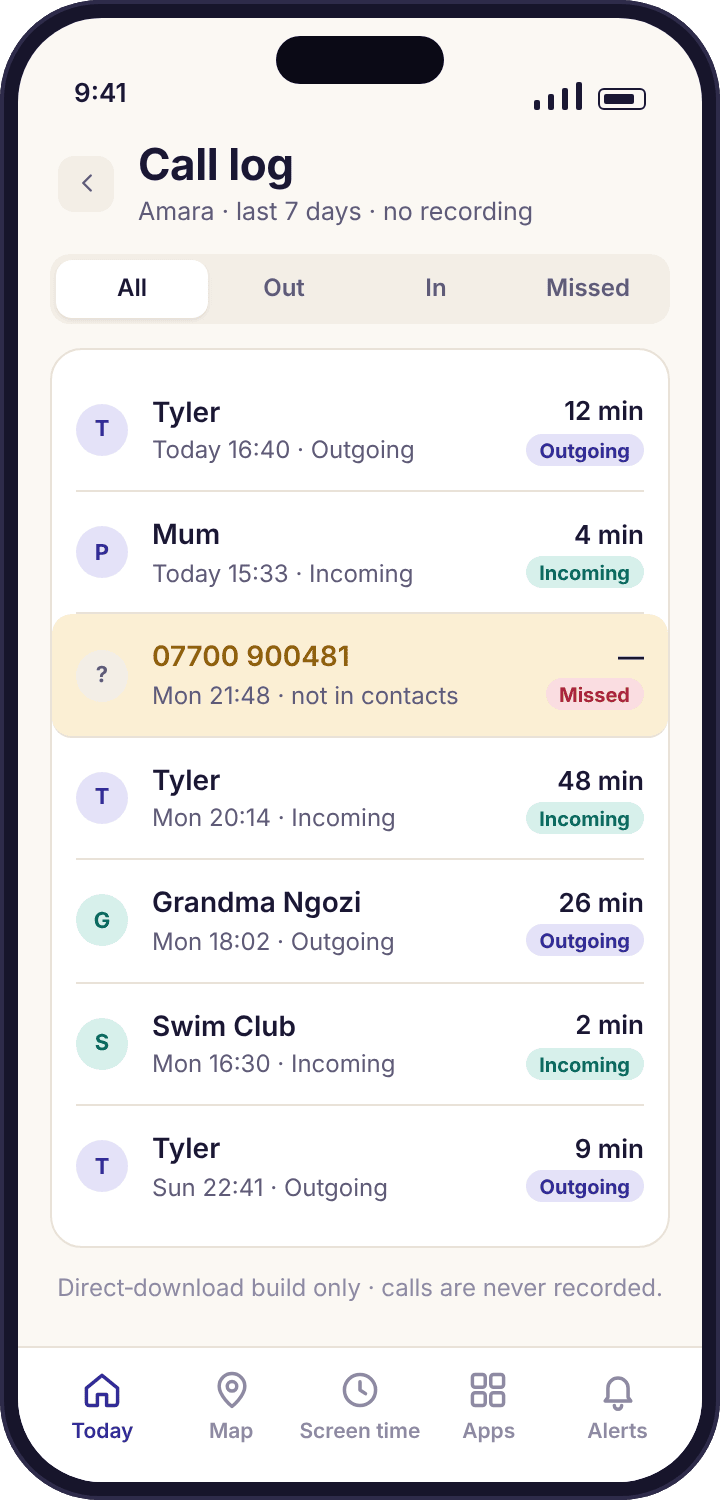 The call log screen for Amara listing each call with the contact name, an arrow for direction, the start time and the duration