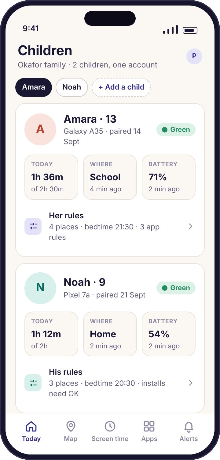 The parent app’s child switcher with Amara and Noah as chips at the top and Amara’s card selected below.