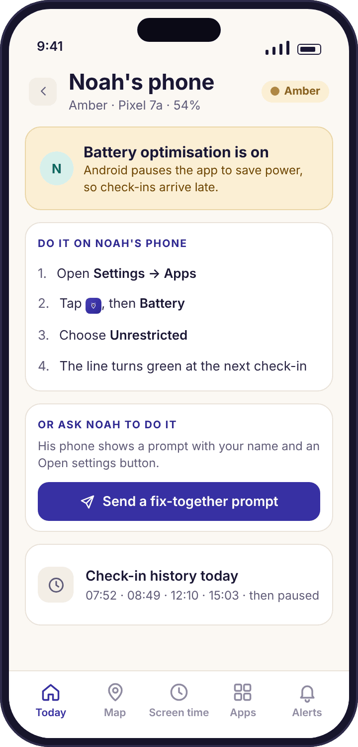 The amber detail screen for Noah's phone naming battery optimisation, showing the Settings path and a button to send a fix-together prompt