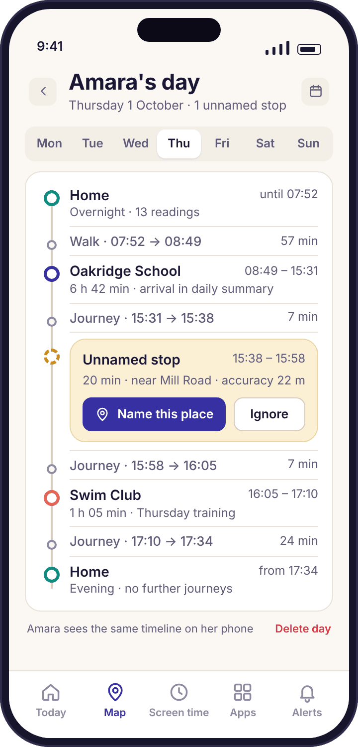 The Thursday timeline with one stop expanded to show an unnamed twenty-minute stop near Mill Road and a button to name the place.