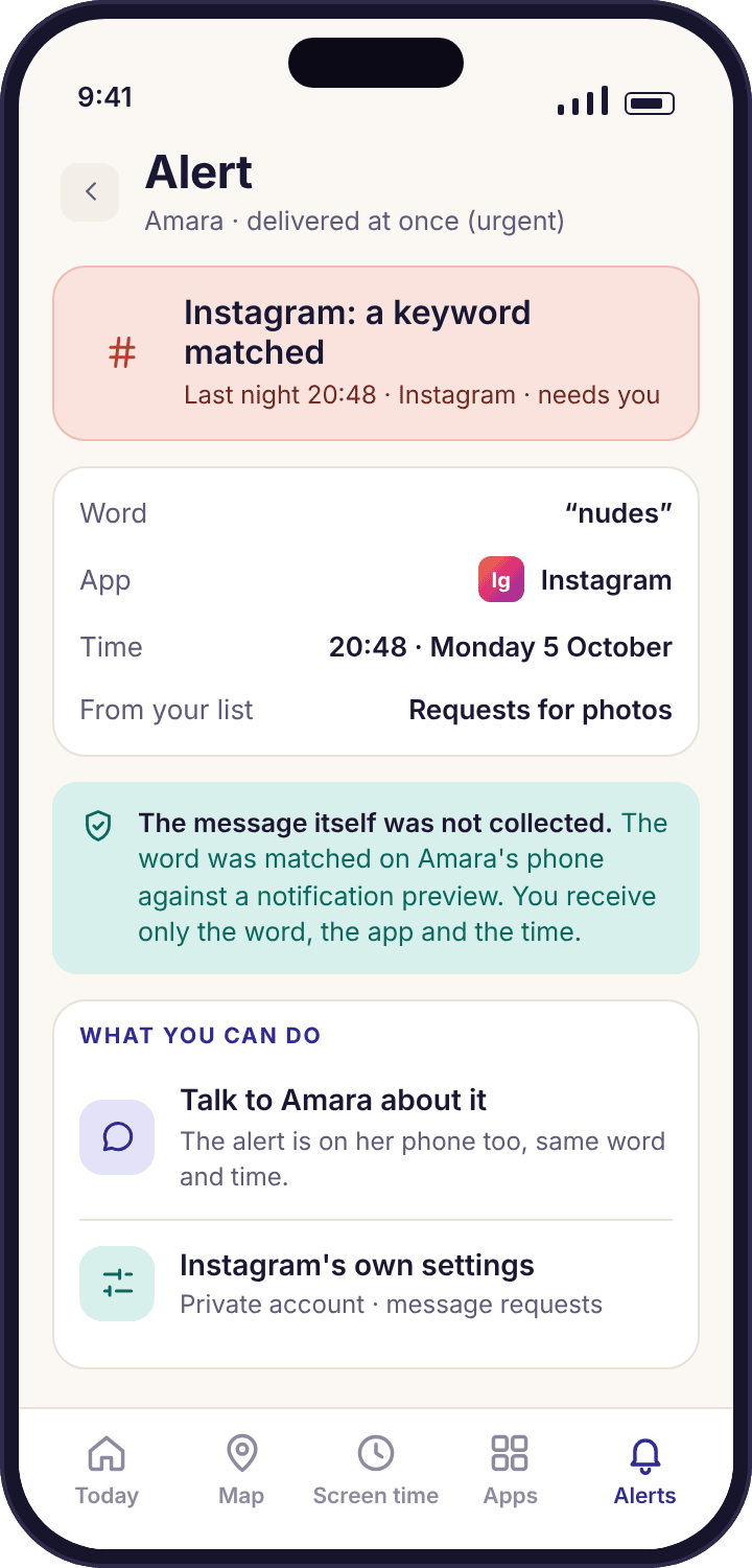 A keyword alert naming the matched word, Instagram and the time, with a note that the message itself was not collected
