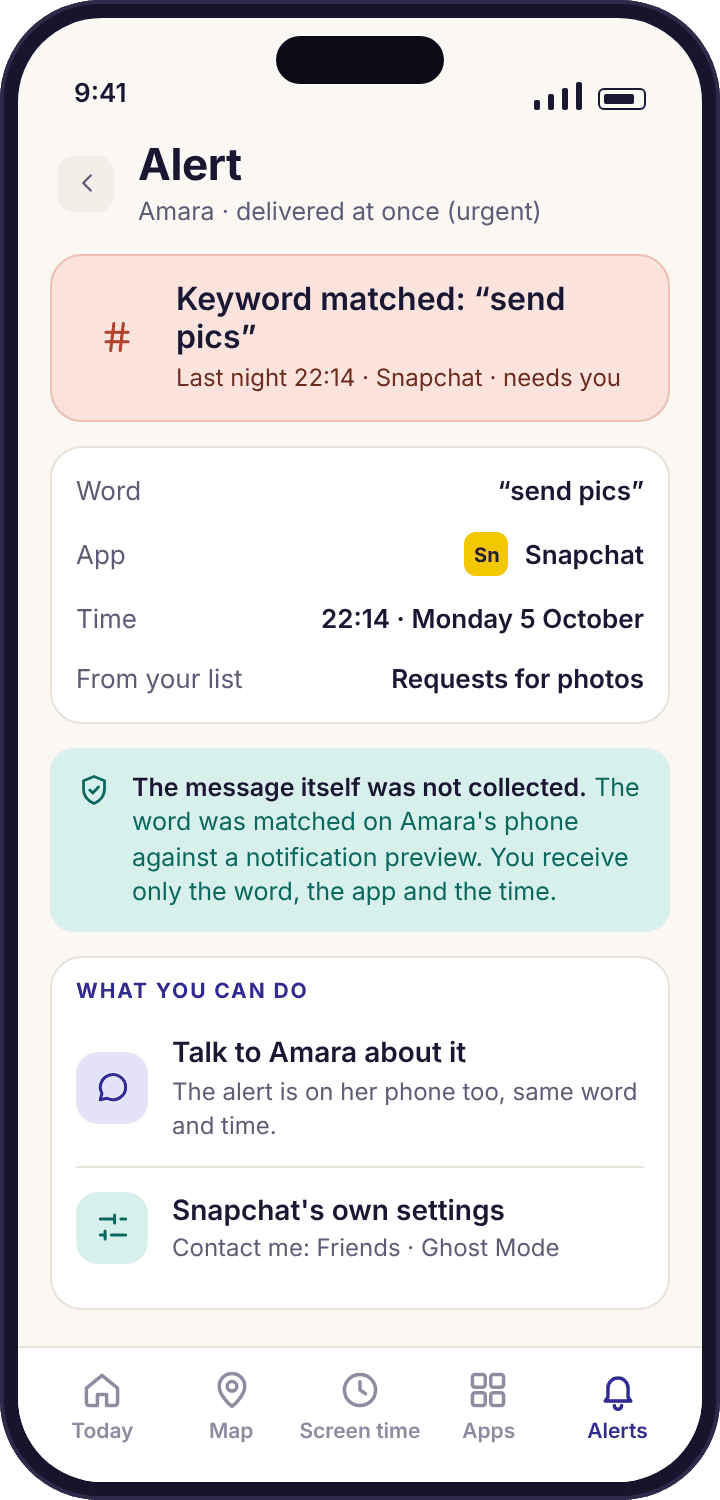 A keyword alert naming the matched word, Snapchat and 22:14, with a note that the message itself was not collected