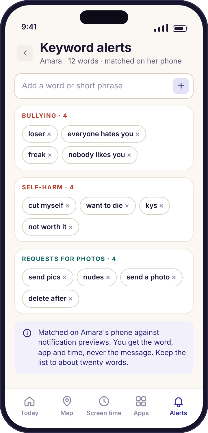 The keyword list editor in the parent app, with a dozen starter words grouped under bullying, self-harm and requests for photos