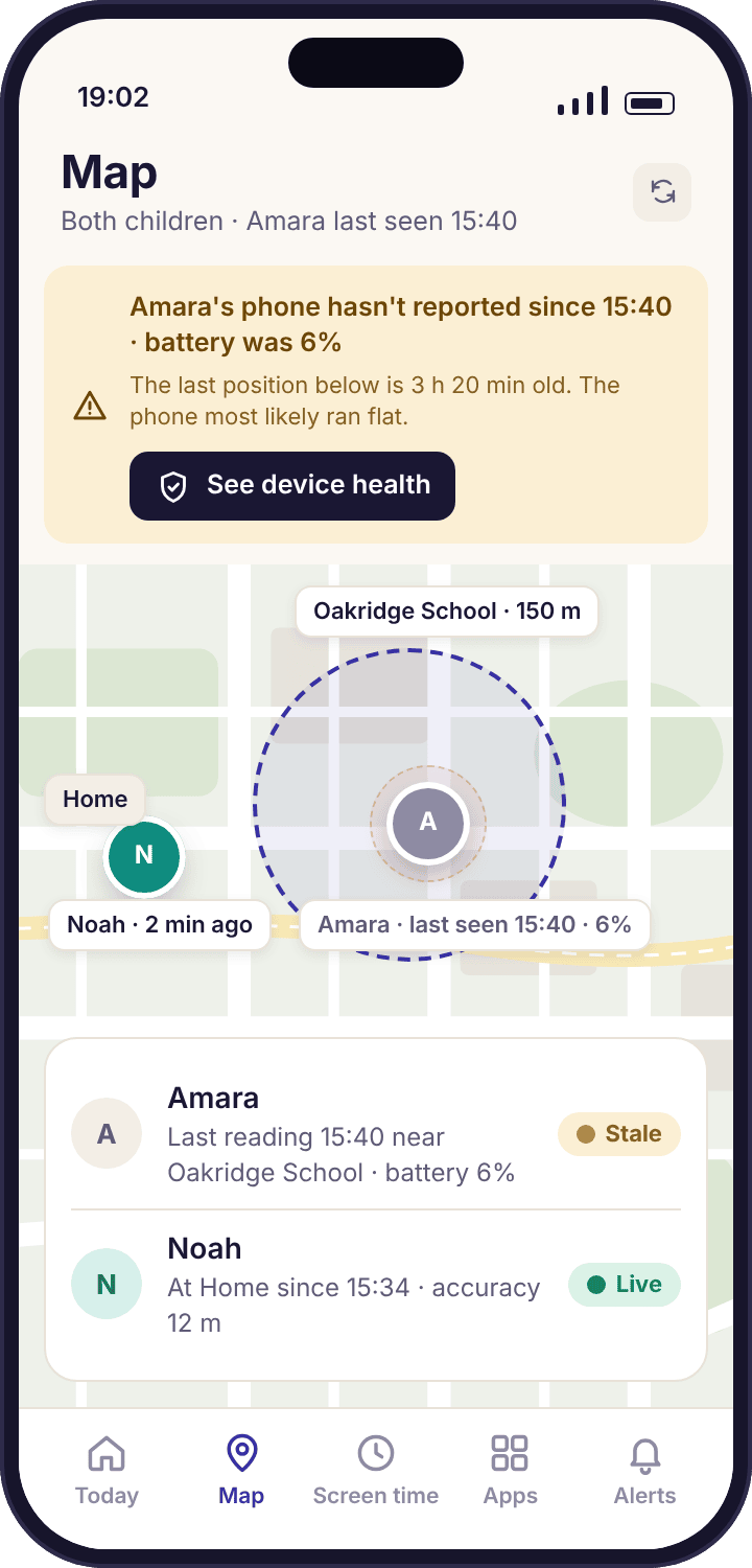 The map with an amber banner saying Amara's phone has not reported since 15:40 and the battery was 6%, with a button to the device health page.
