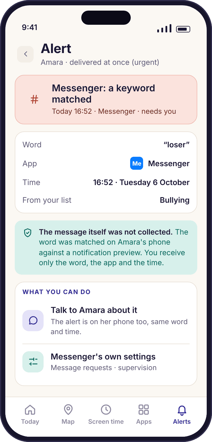 A parent-app alert saying a word from the family list matched in a Messenger notification at 21:12, noting that the message was not collected.