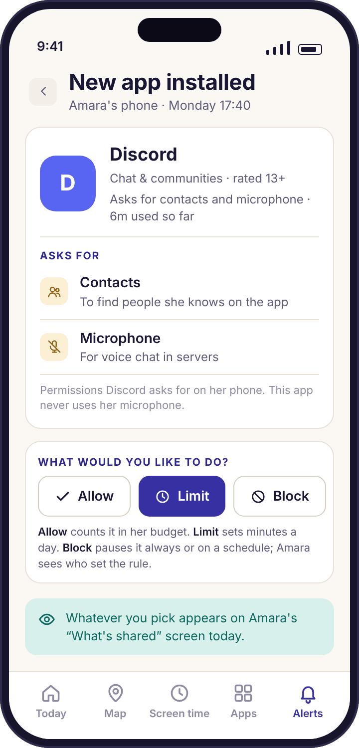 The new install alert for Discord showing the store age rating, the Contacts and Microphone permissions it asked for, and Allow, Limit and Block buttons
