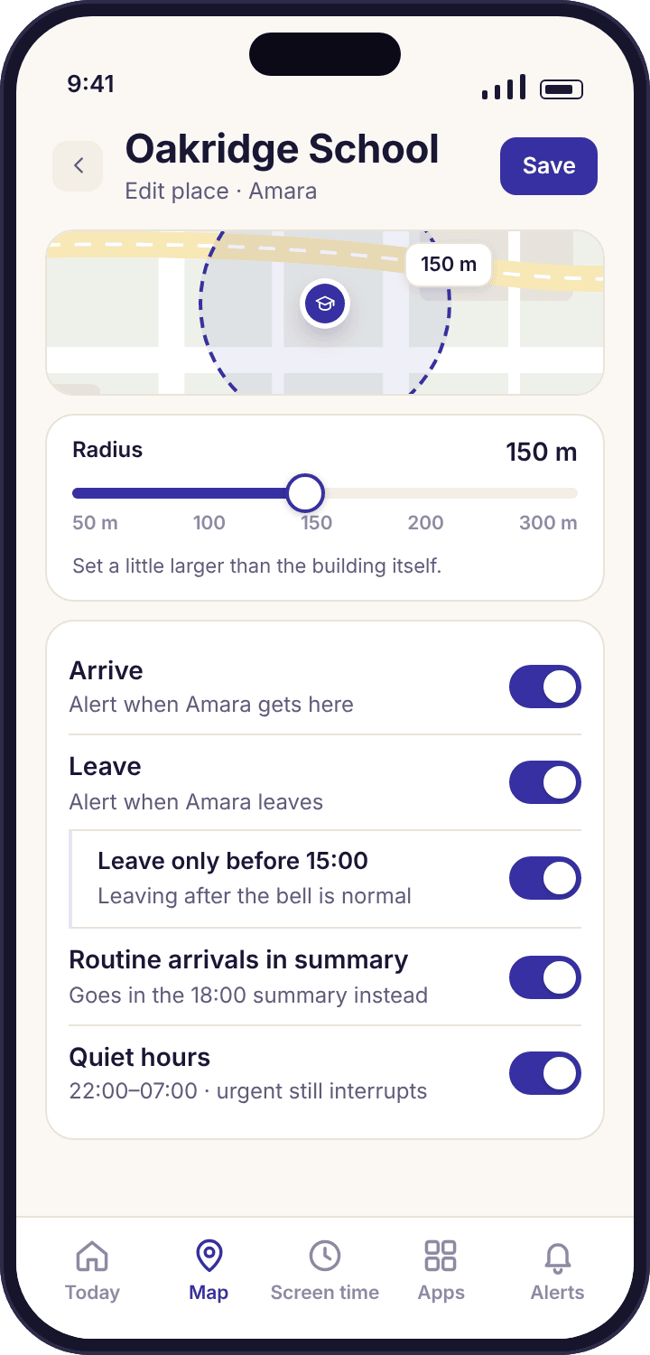 Editing Oakridge School in the parent app: the radius slider at 150 metres, the Arrive and Leave switches, a "Leave only before 15:00" condition and quiet hours.