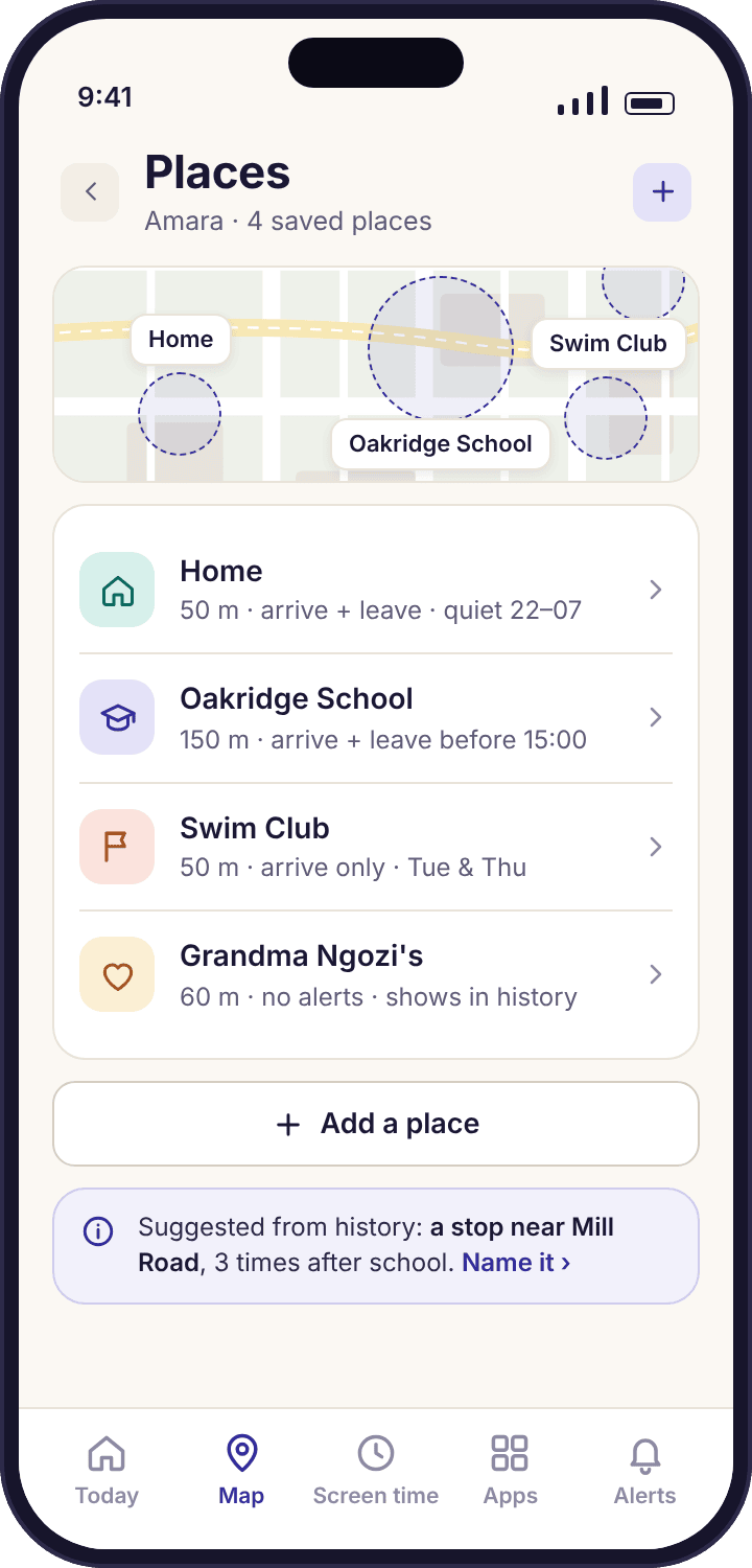 Places list with Home, Oakridge School at 150 metres with arrive and leave rules, Swim Club and Grandma Ngozi’s