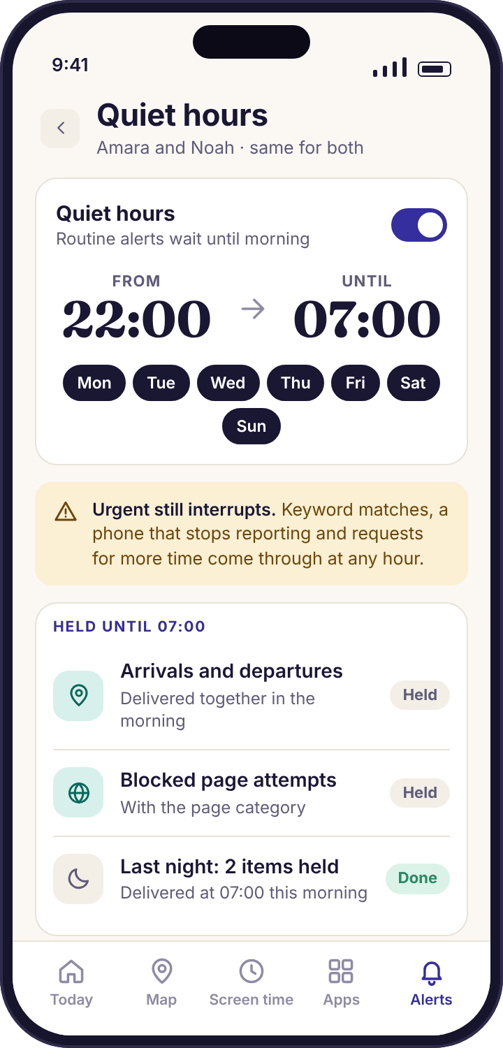 The quiet hours screen set to 22:00 until 07:00, with a note that urgent alerts still interrupt