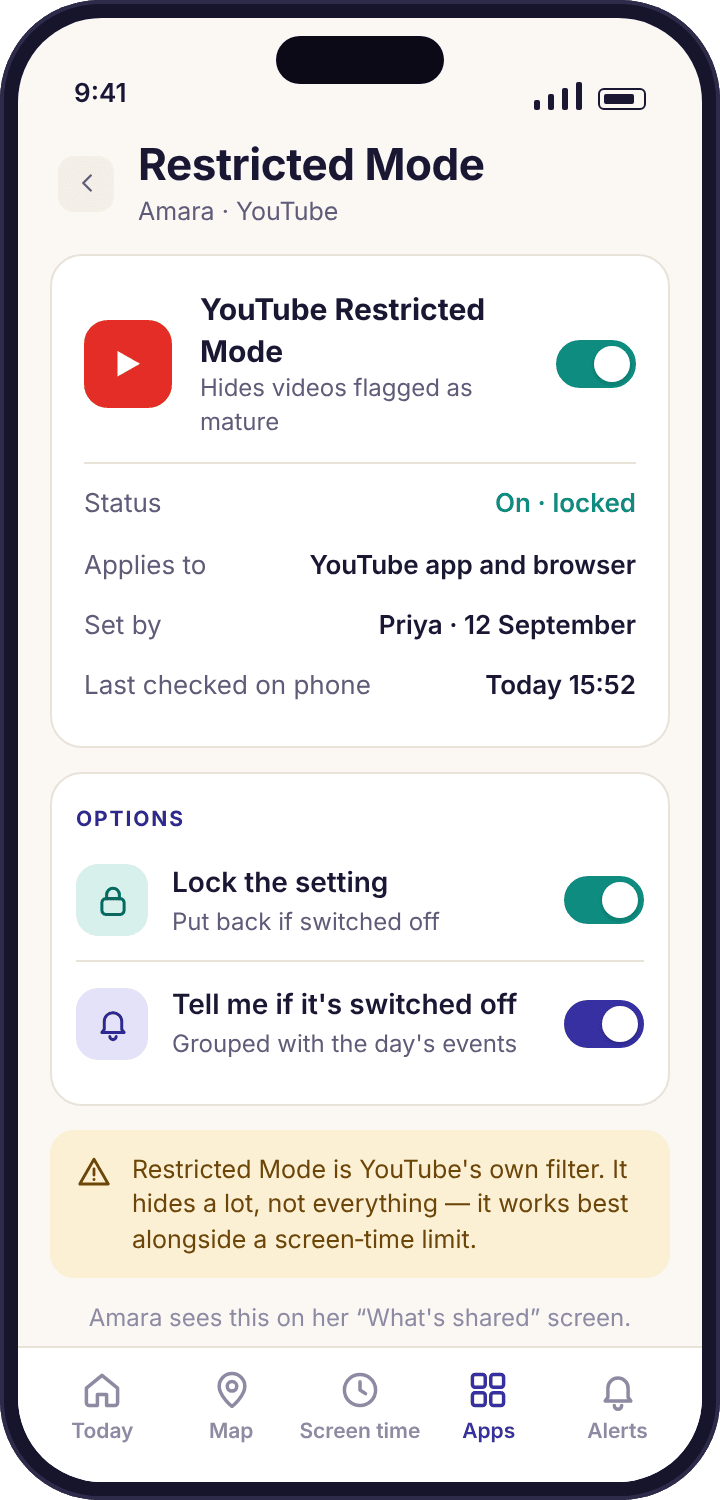 The YouTube Restricted Mode toggle in the parent app, switched on for Noah
