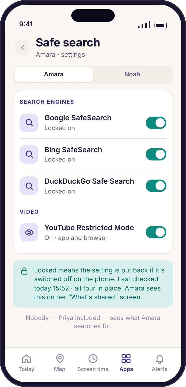 Safe search settings showing Google, Bing and DuckDuckGo locked and YouTube Restricted Mode on