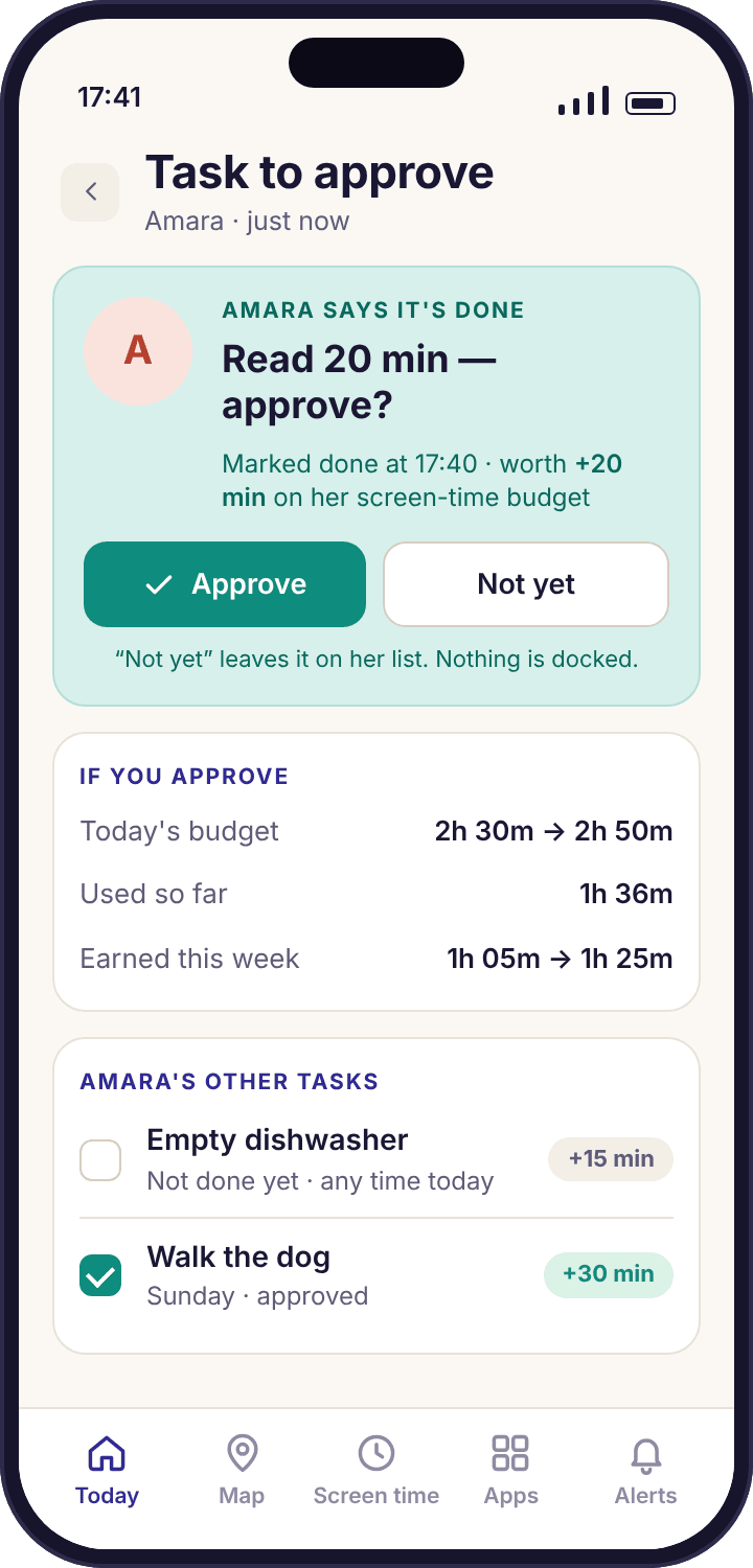 The parent app asking whether to approve Amara’s Read 20 min task, with Approve and Not yet buttons