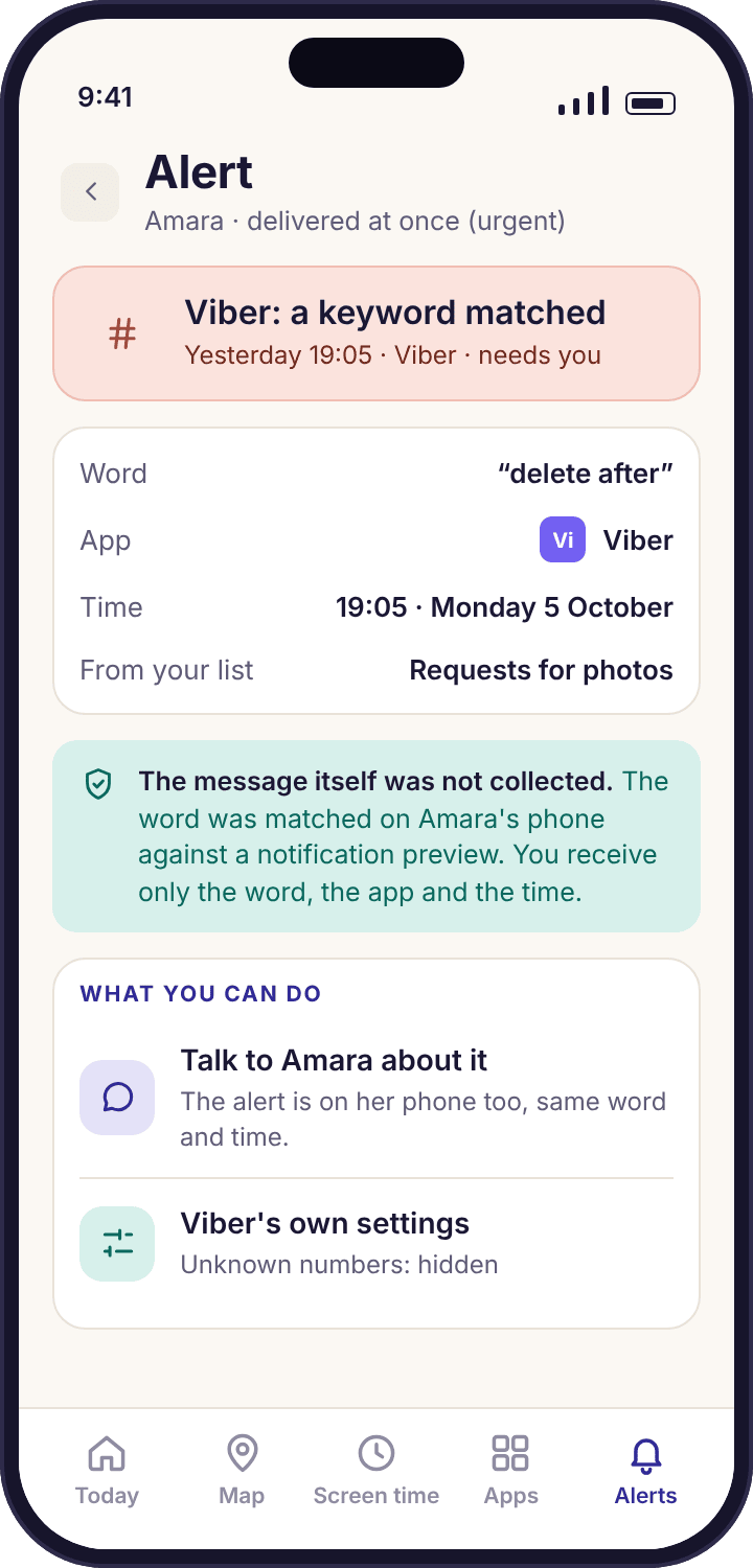 A keyword alert in the parent app naming the matched word, Viber and the time, with a line stating the message itself was not collected