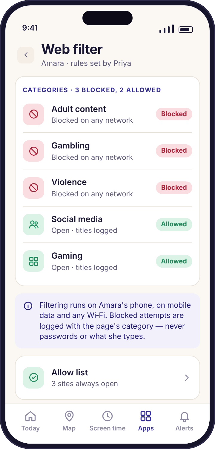 The web filter category list with adult content, gambling and violence blocked and social media allowed