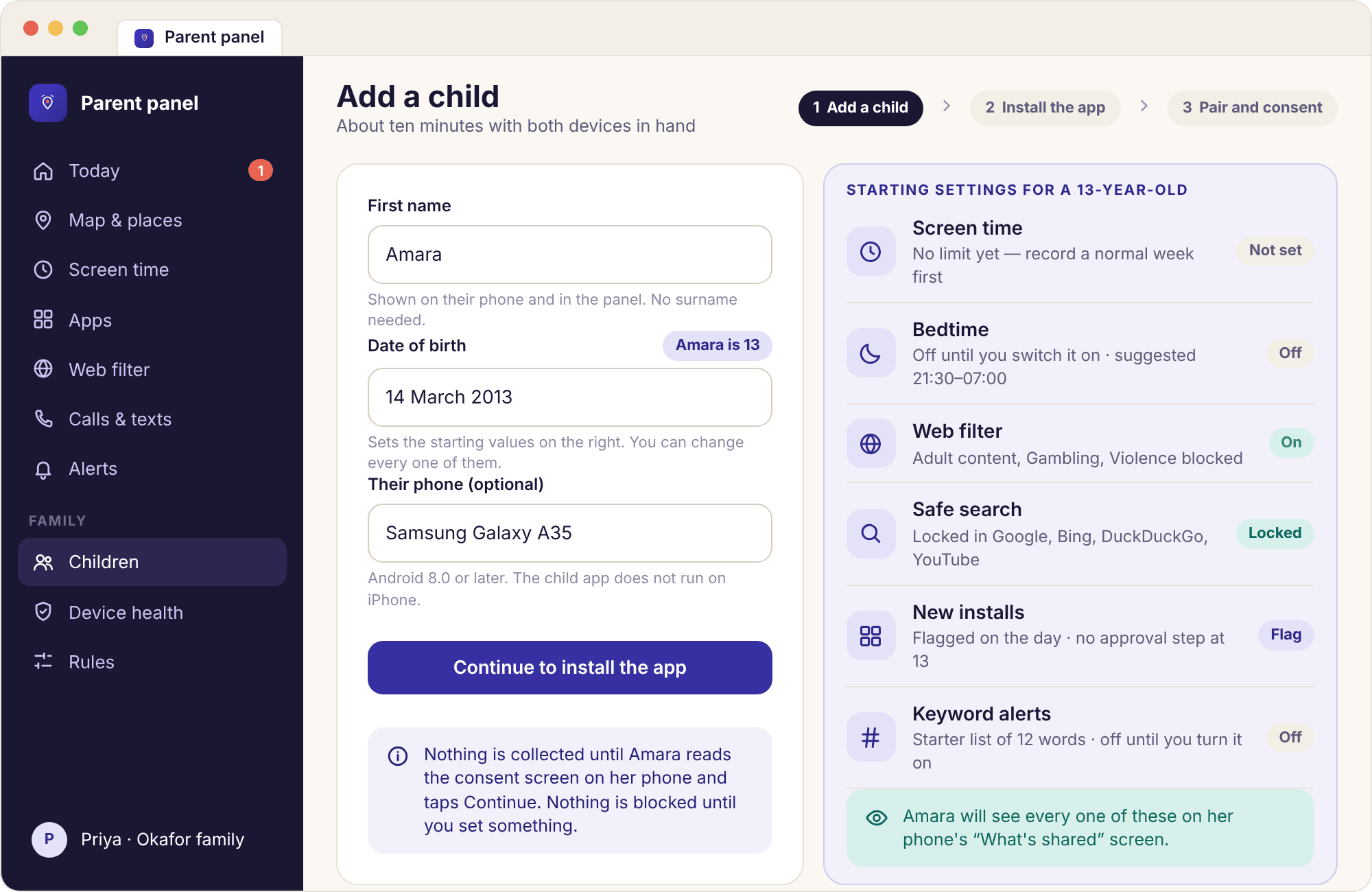 The add-a-child form with first name and date of birth and a preview of starting settings for a 13-year-old