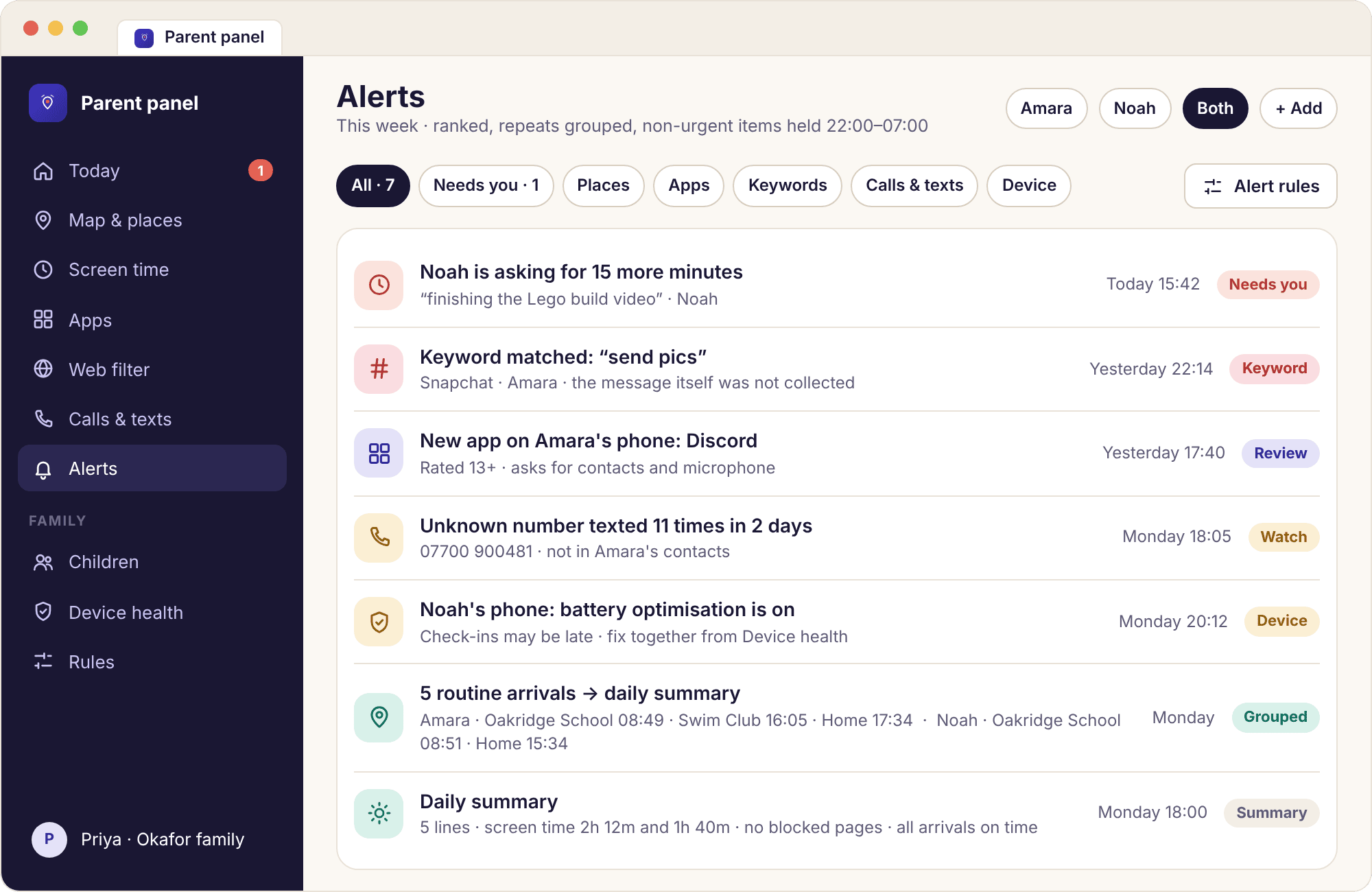 The panel alerts list with filters by child and type, a keyword alert at the top and grouped routine arrivals below.